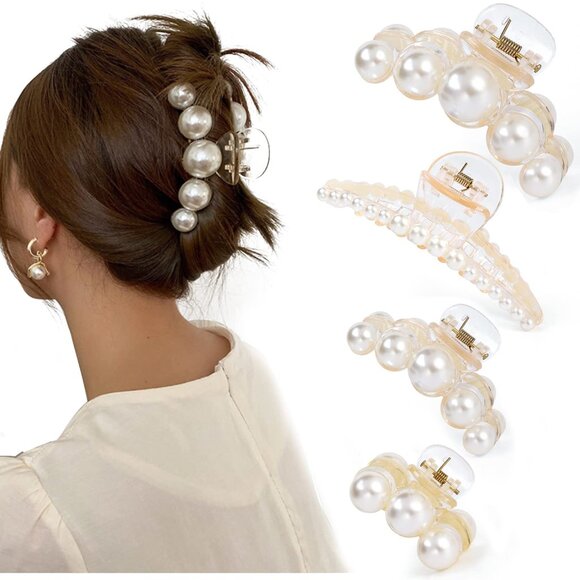 Accessories - Large Pearl Hair Claw Clips Set of 4 for Thick Hair Styling
